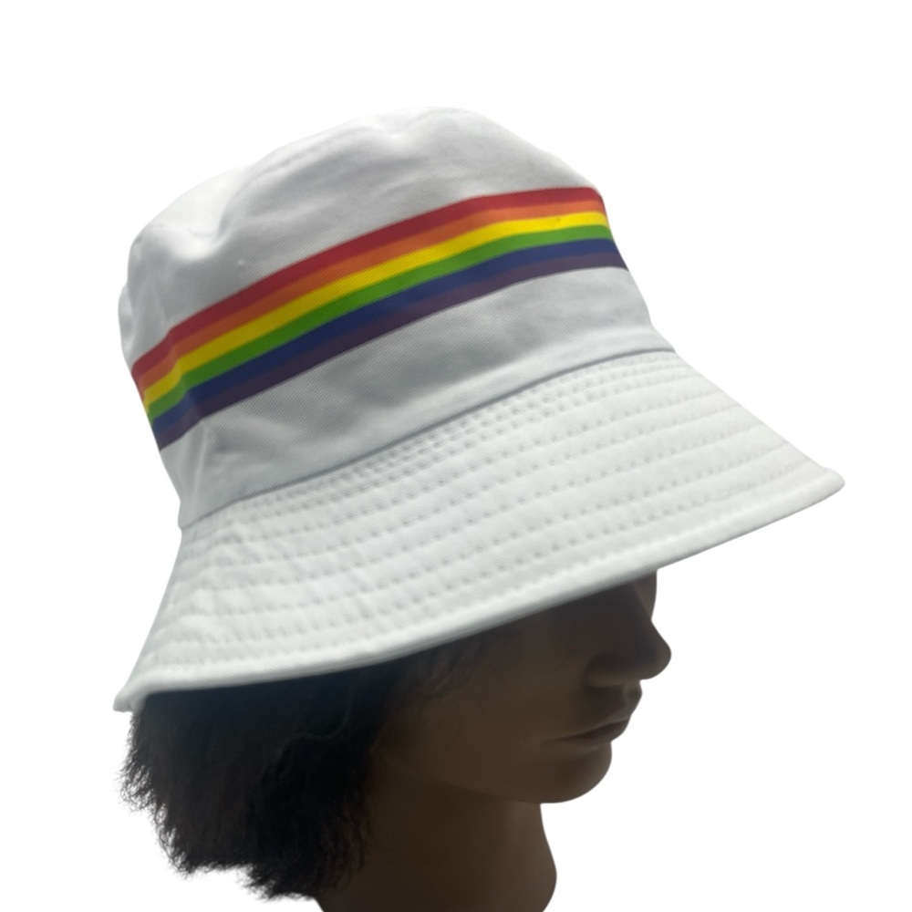 Pride bucket hat with rainbow band design